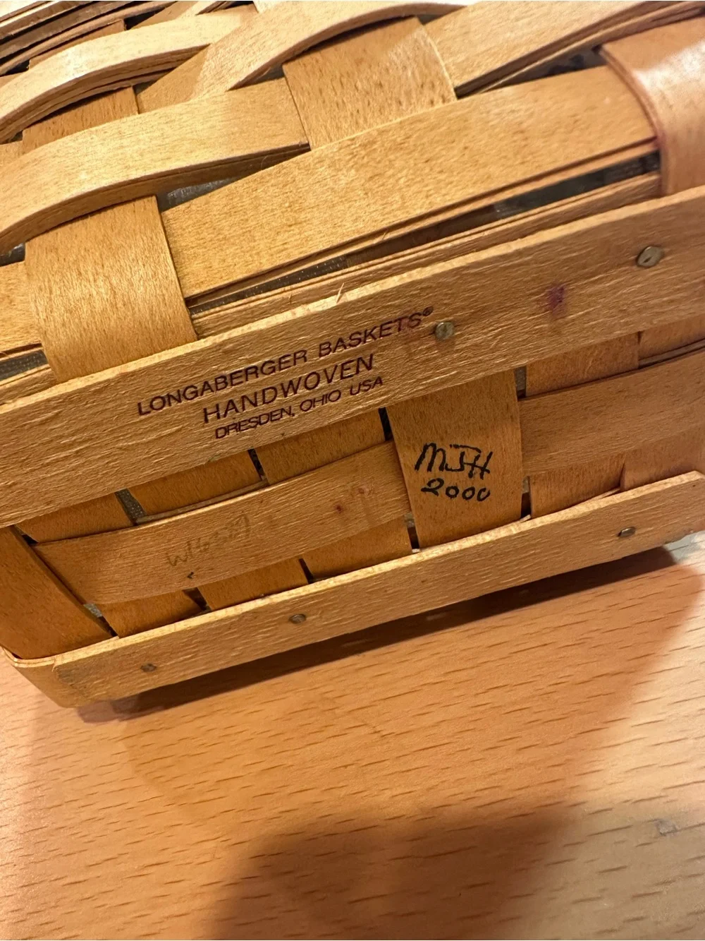 Longaberger Natural Woven Basket with Floral Liner and Brown Leather Handles